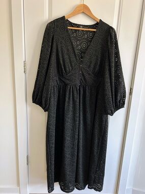 River Island Black Eyelet Midi Dress with Button Front